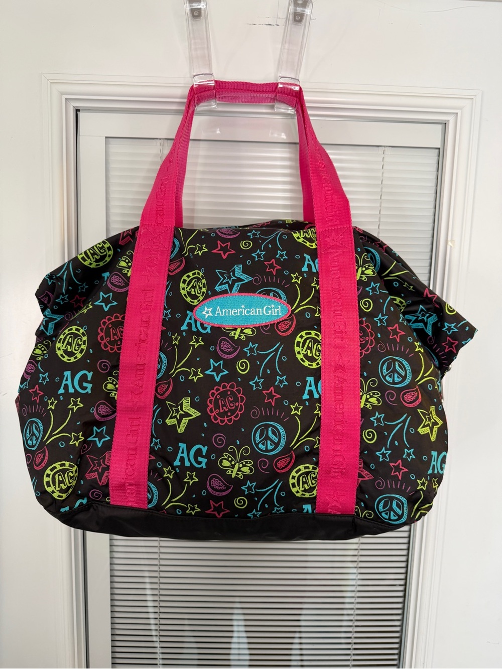 American Girl Large Tote Overnight Bag Travel Duffle 23” X 17” Black & Neon EUC